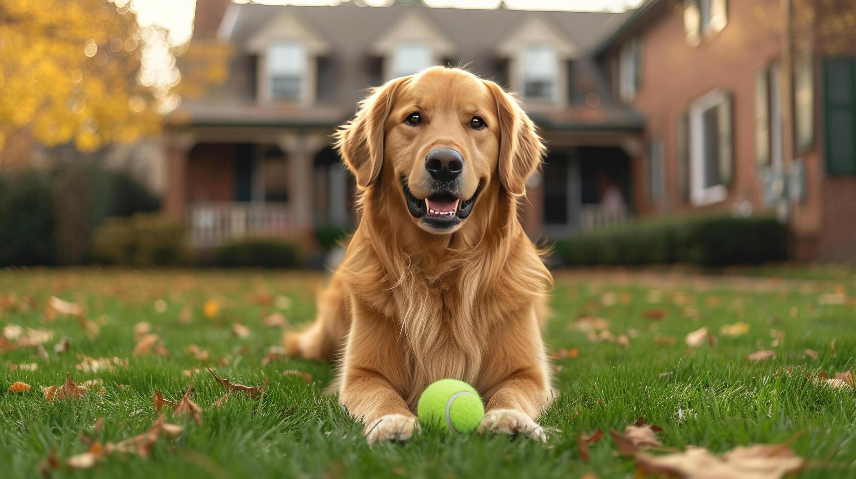 ai genererad en gyllene retriever hund spelar med en grön tennis boll på de gräsmatta nära en standard amerikan hus foto