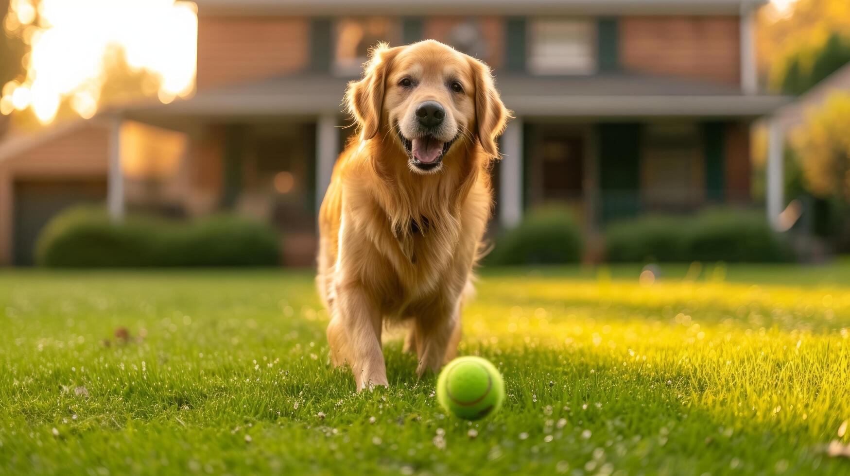 ai genererad en gyllene retriever hund spelar med en grön tennis boll på de gräsmatta nära en standard amerikan hus foto