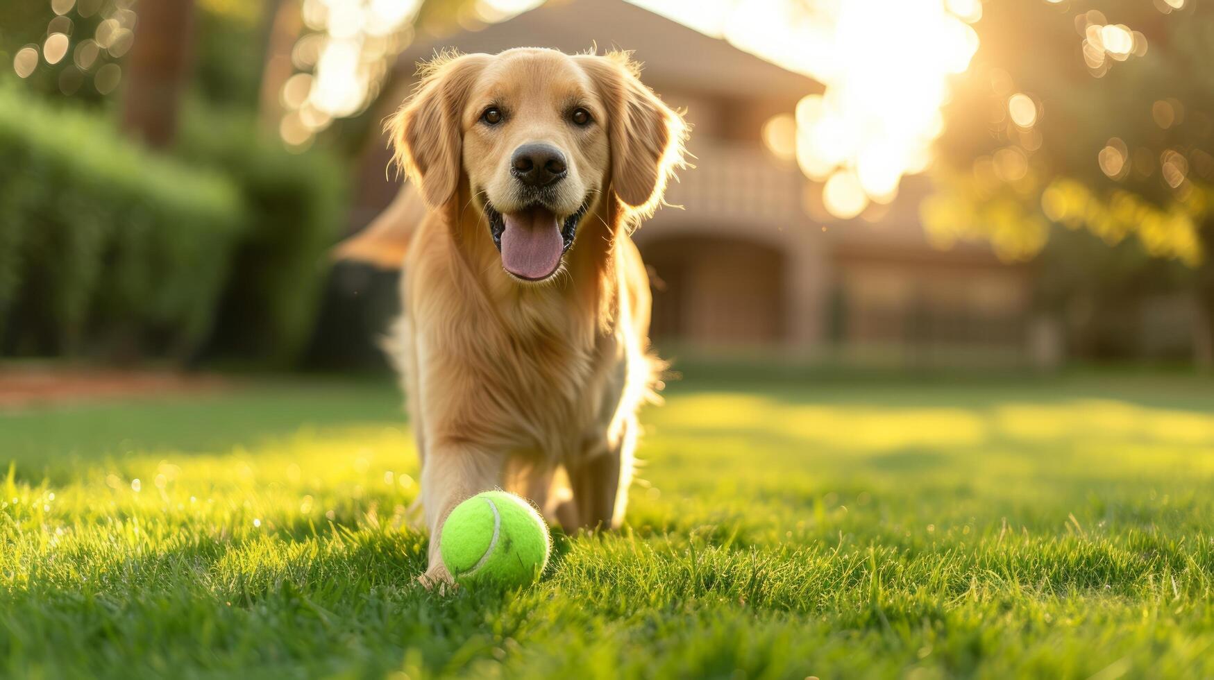 ai genererad en gyllene retriever hund spelar med en grön tennis boll på de gräsmatta nära en standard amerikan hus foto