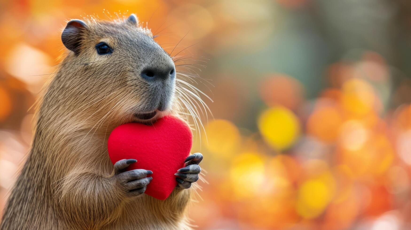 ai genererad capybara innehar en stor röd hjärta i henne tassar på en minimalistisk ljus bakgrund foto