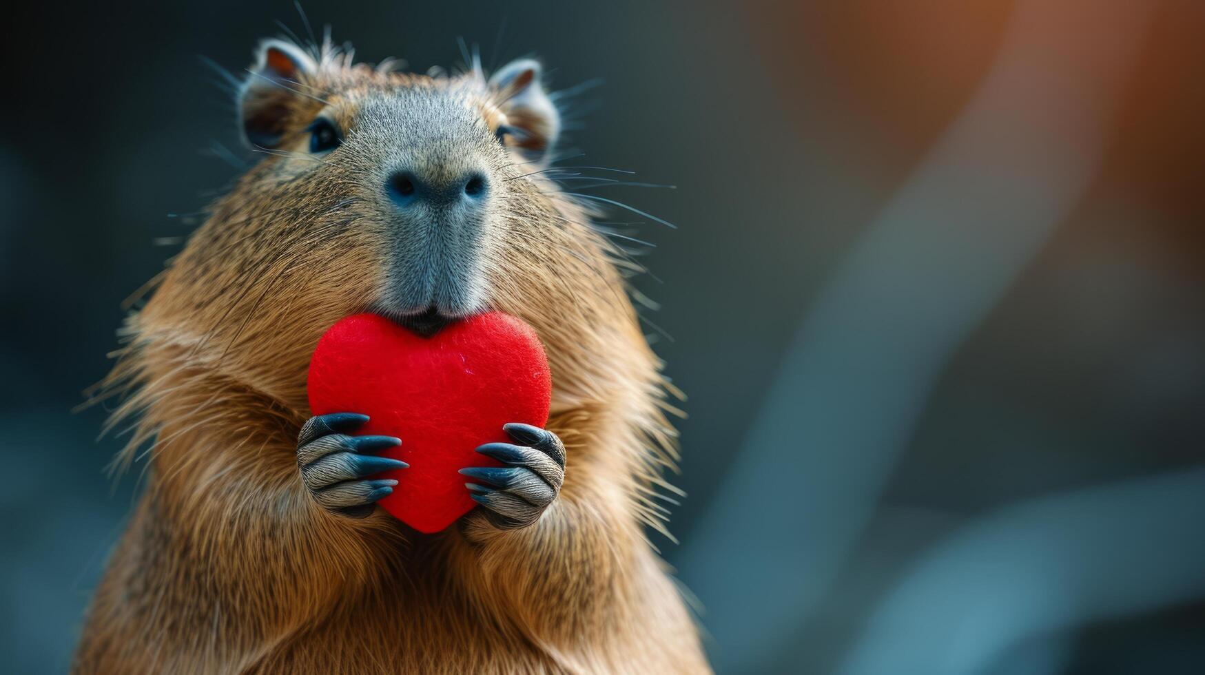 ai genererad capybara innehar en stor röd hjärta i henne tassar på en minimalistisk ljus bakgrund foto