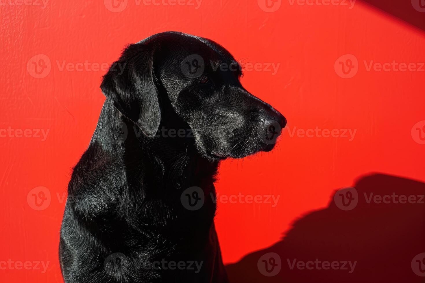 ai genererad en svart hund på en röd bakgrund, svart och röd foto