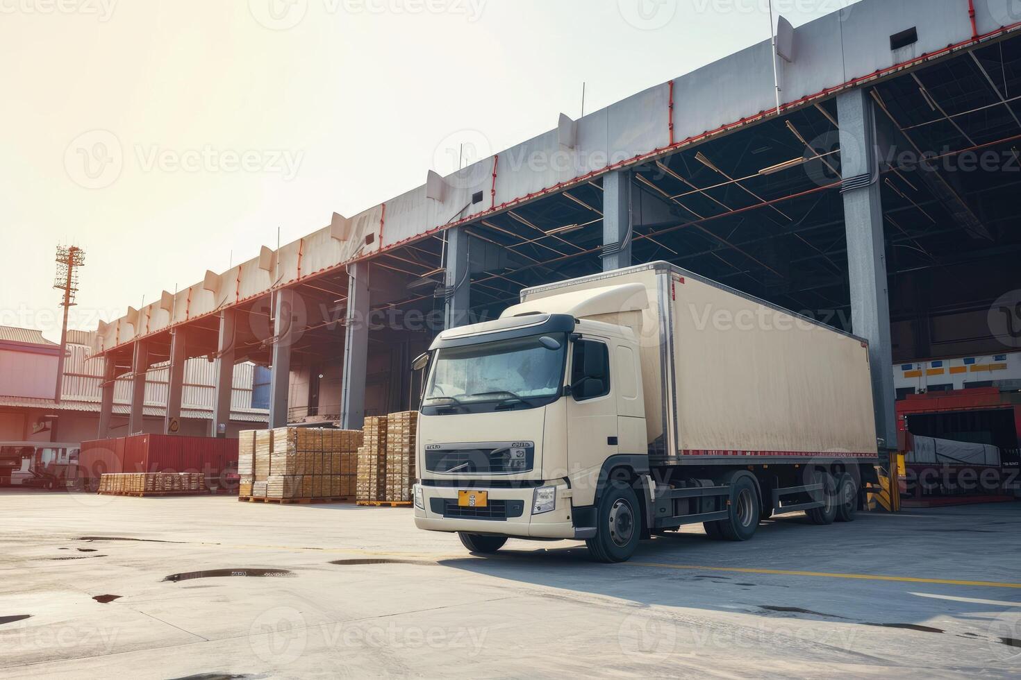 ai genererad logistik och transport. vit lastbil i de lager med lådor. för reklam foto