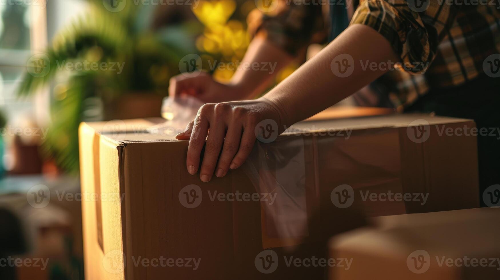 ai genererad stänga upp av händer förpackning en kartong låda i de Hem kontor, uppkopplad handla och leverans begrepp foto