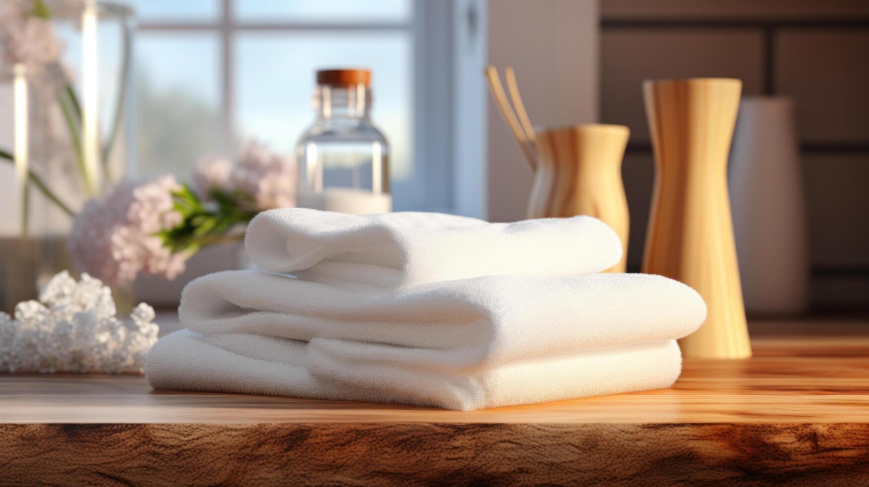 ai genererad vit handduk på trä- tabell och badrum badrum foto