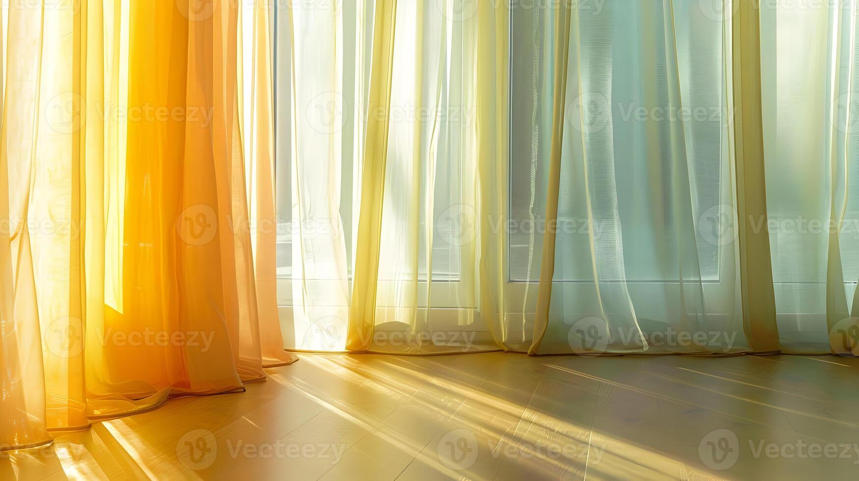 ai genererad gul och vit gardiner i de modern horisontell sammansättning av de rum med en trä- golv. solig dag i de rum. hög kvalitet. ai generativ foto