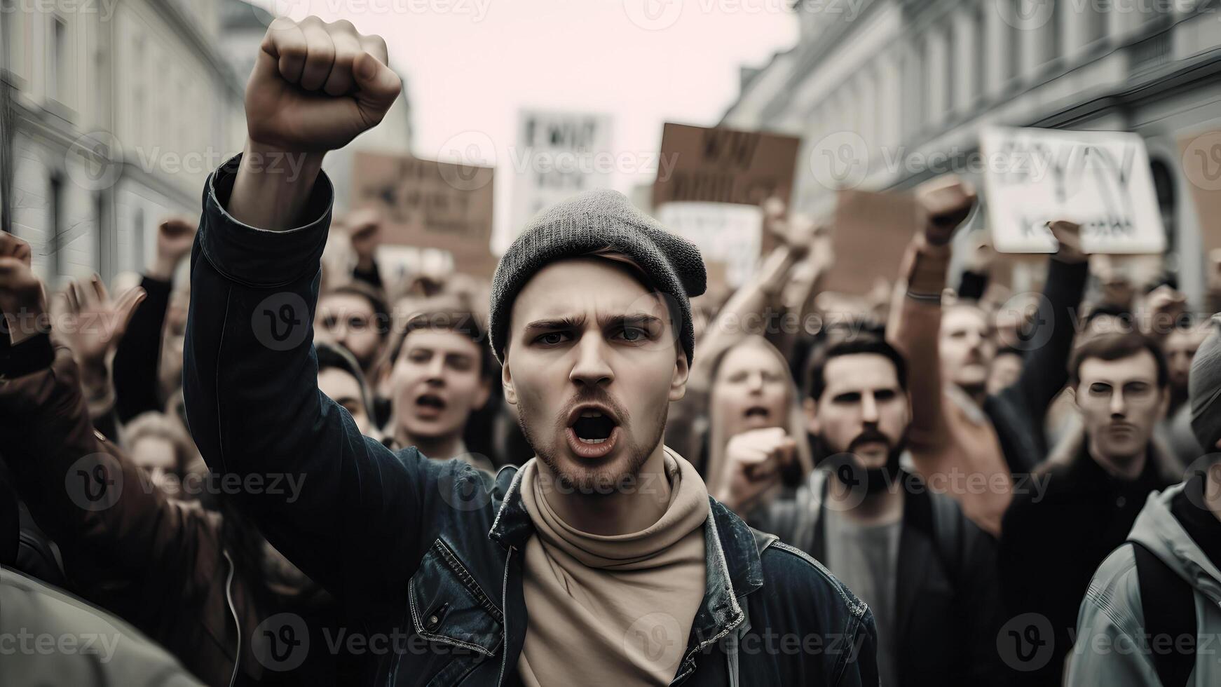 ai genererad människor protest på stad gator på dag tid, hyperrealistisk stil, neuralt nätverk genererad bild foto