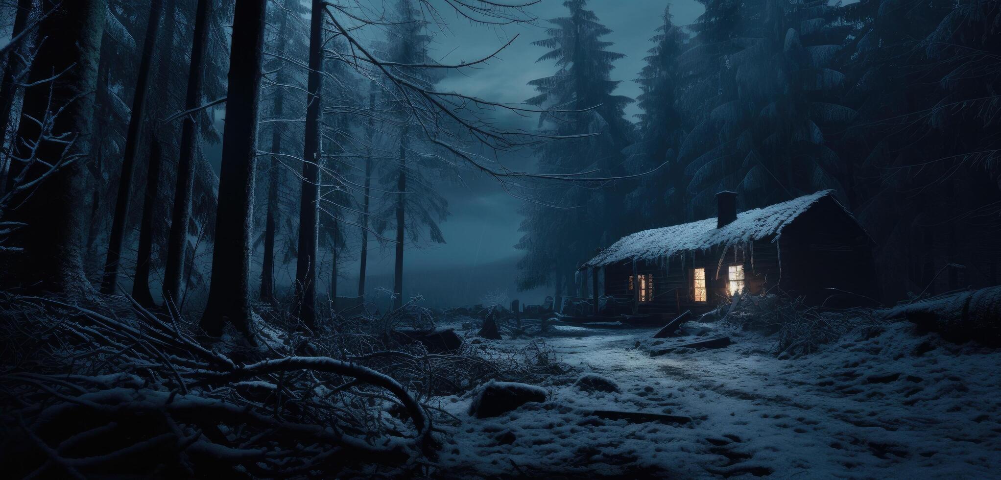 ai genererad en stuga i en snöig skog på en kall natt foto