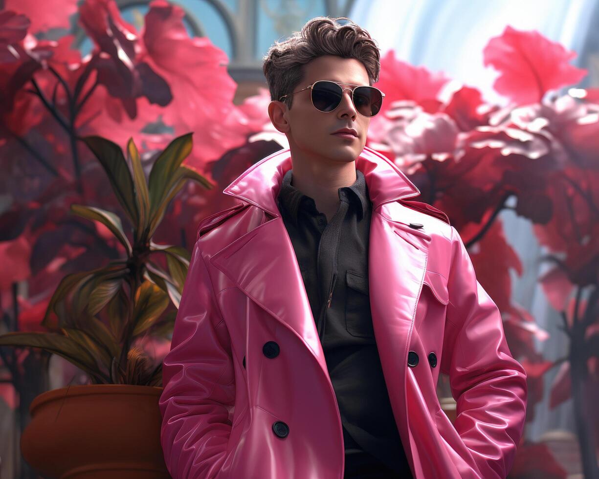 ai genererad en man bär överdimensionerad blazer och svart solglasögon, medan bär en rosa jacka och jeans foto