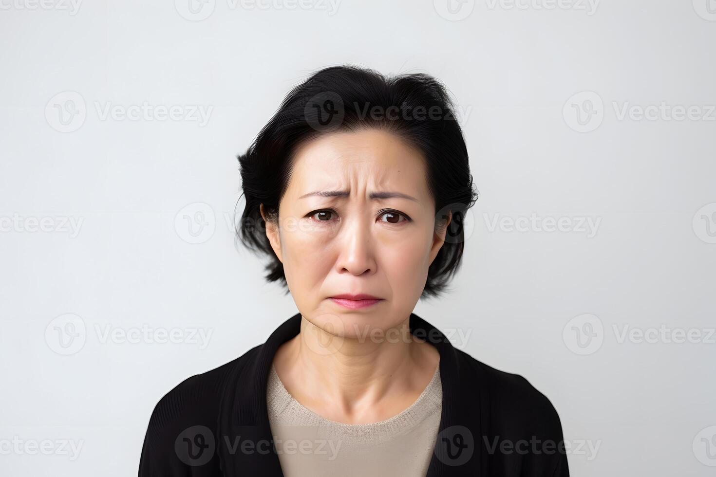 ai genererad gråt vuxen asiatisk kvinna, huvud och axlar porträtt på ljus grå bakgrund. neuralt nätverk genererad fotorealistisk bild foto
