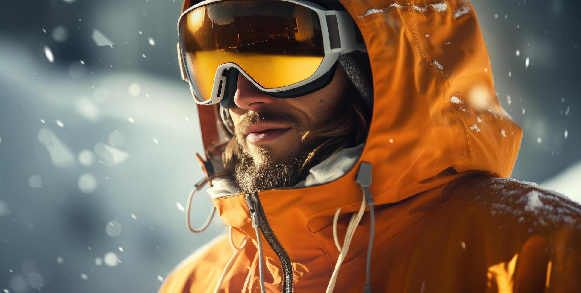 ai genererad en man vem är klädd i en täcka och glasögon är åka snowboard foto