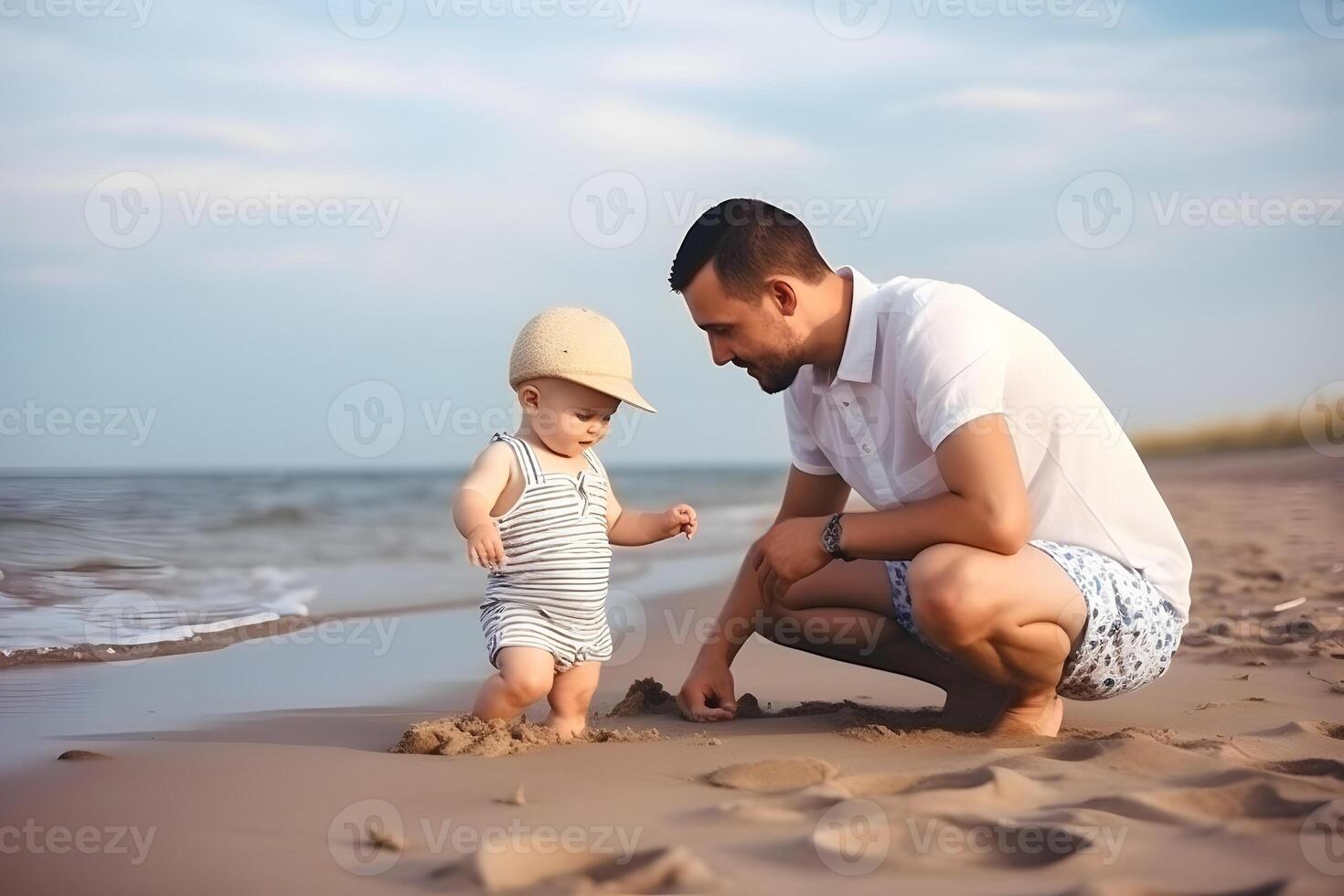 ai genererad fäder dag. pappa och bebis son spelar tillsammans på sandig strand, neuralt nätverk genererad fotorealistisk bild foto