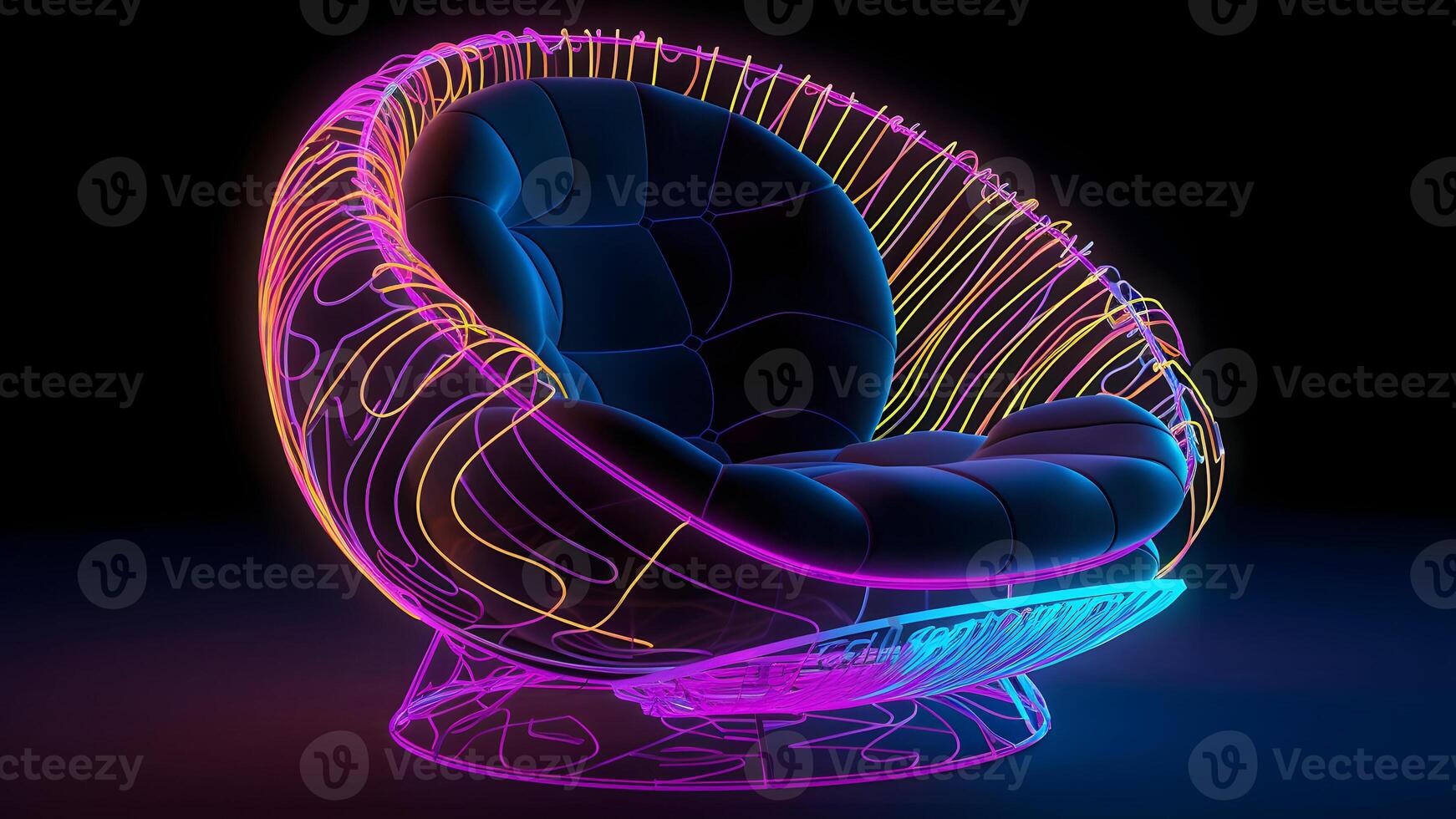 ai genererad neon tråd stol med en gul rosa och blå glöd på mörk bakgrund, neuralt nätverk genererad bild foto