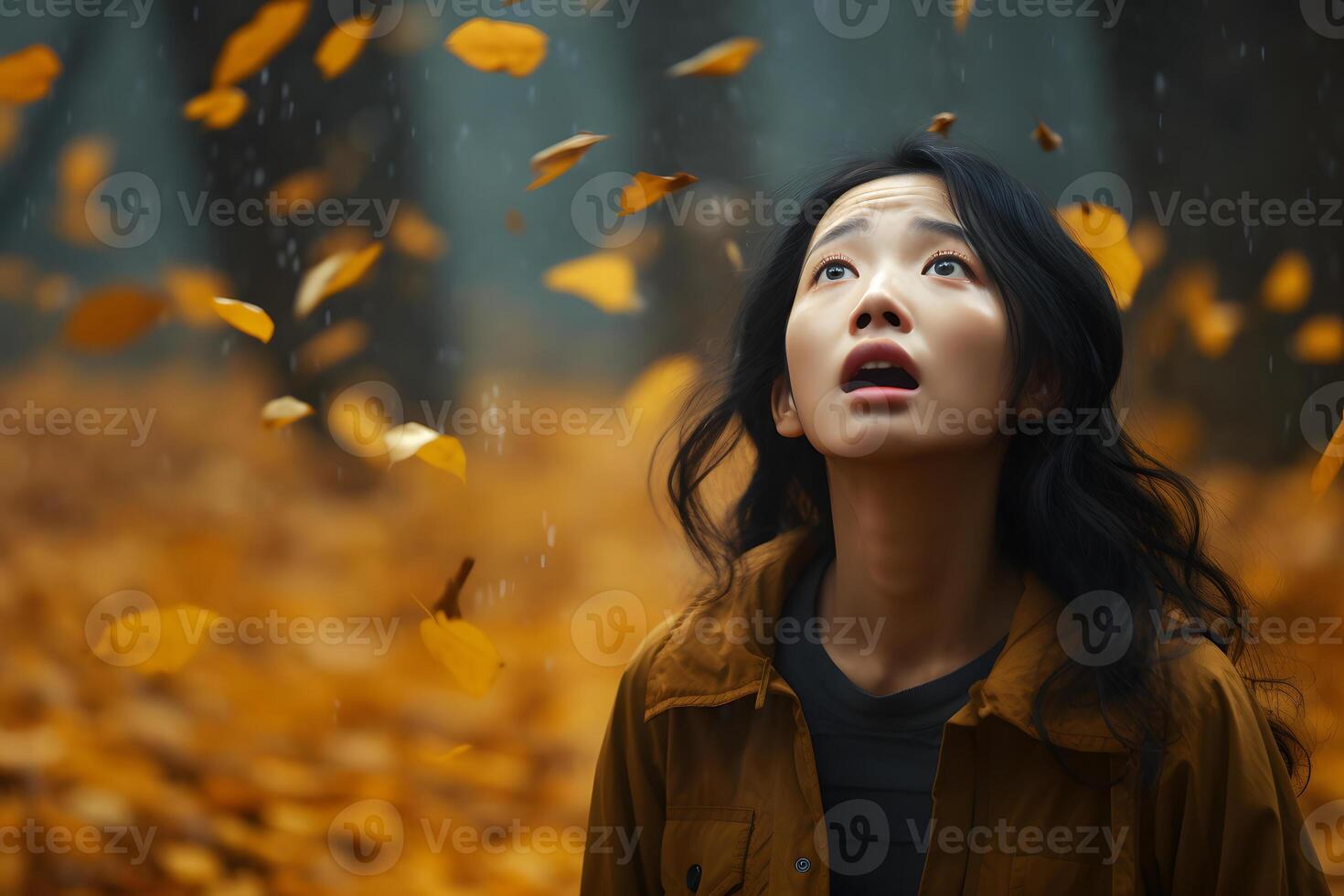 ai genererad asiatisk kvinna förlorat i skog på höst dag, neuralt nätverk genererad fotorealistisk bild foto