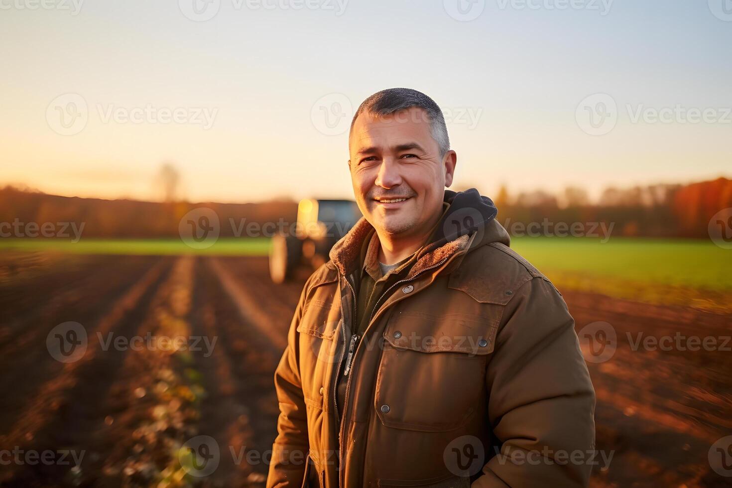 ai genererad jordbrukare i de mitten av hans plöjning fält i vår, i de tidigt morgon. neuralt nätverk genererad fotorealistisk bild foto