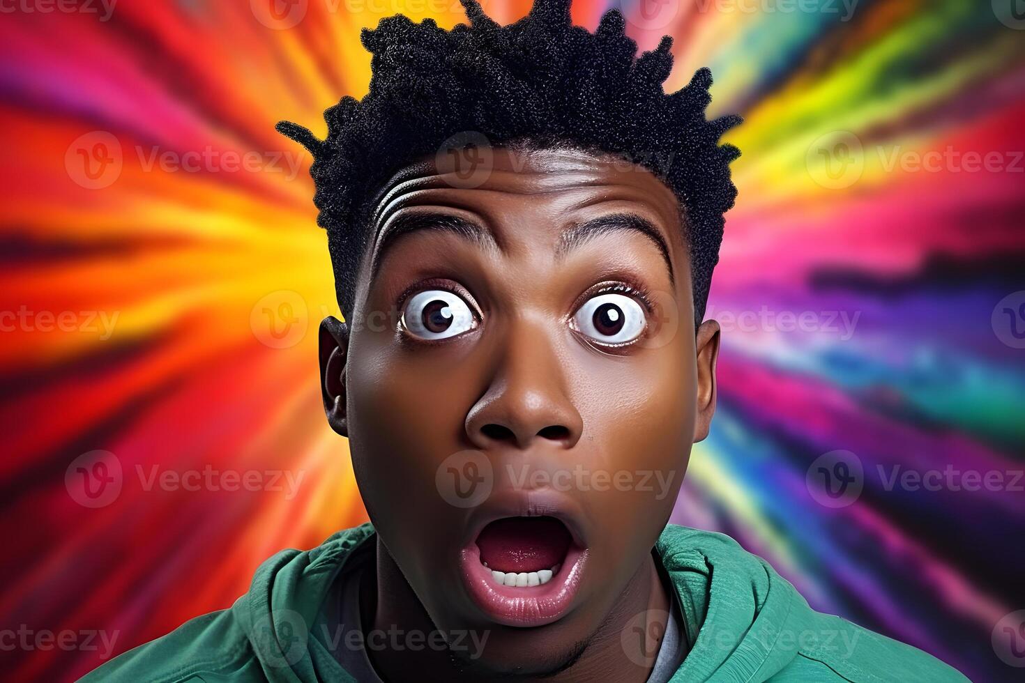 ai genererad överraskad och rädd ung vuxen afrikansk amerikan man på färgrik bakgrund. neuralt nätverk genererad fotorealistisk bild. foto