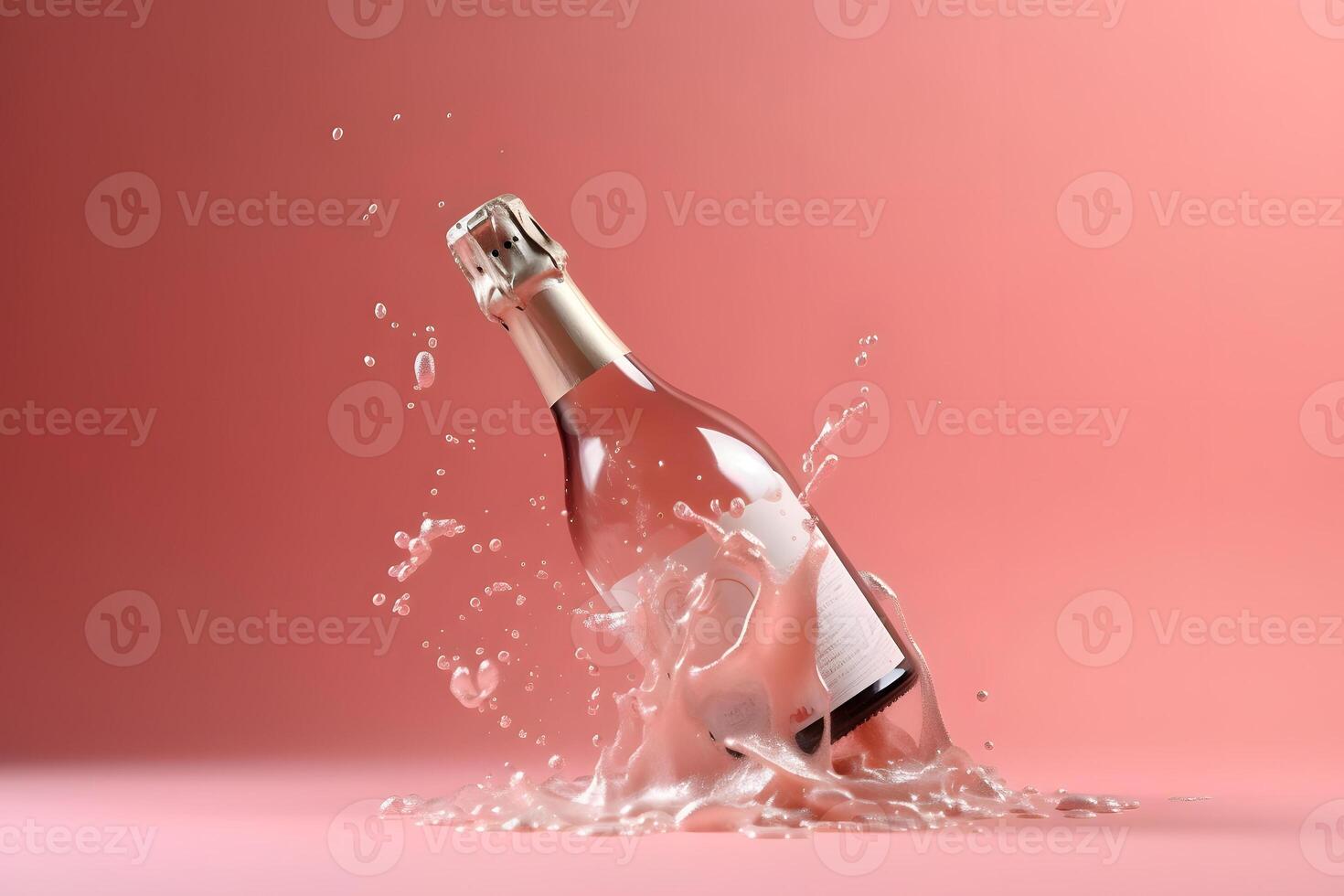 ai genererad oöppnad flaska av champagne med stänk på rosa bakgrund, neuralt nätverk genererad fotorealistisk bild foto