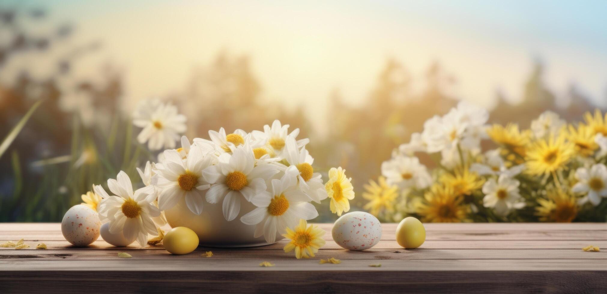 ai genererad påsk ägg och blommor i de mitten av en trä- tabell foto