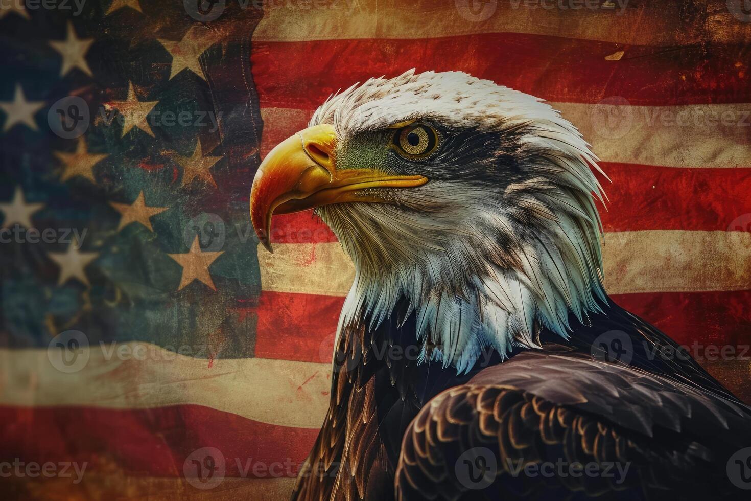 ai genererad illustration av ett Örn på de bakgrund av de amerikan flagga närbild. ai generation foto