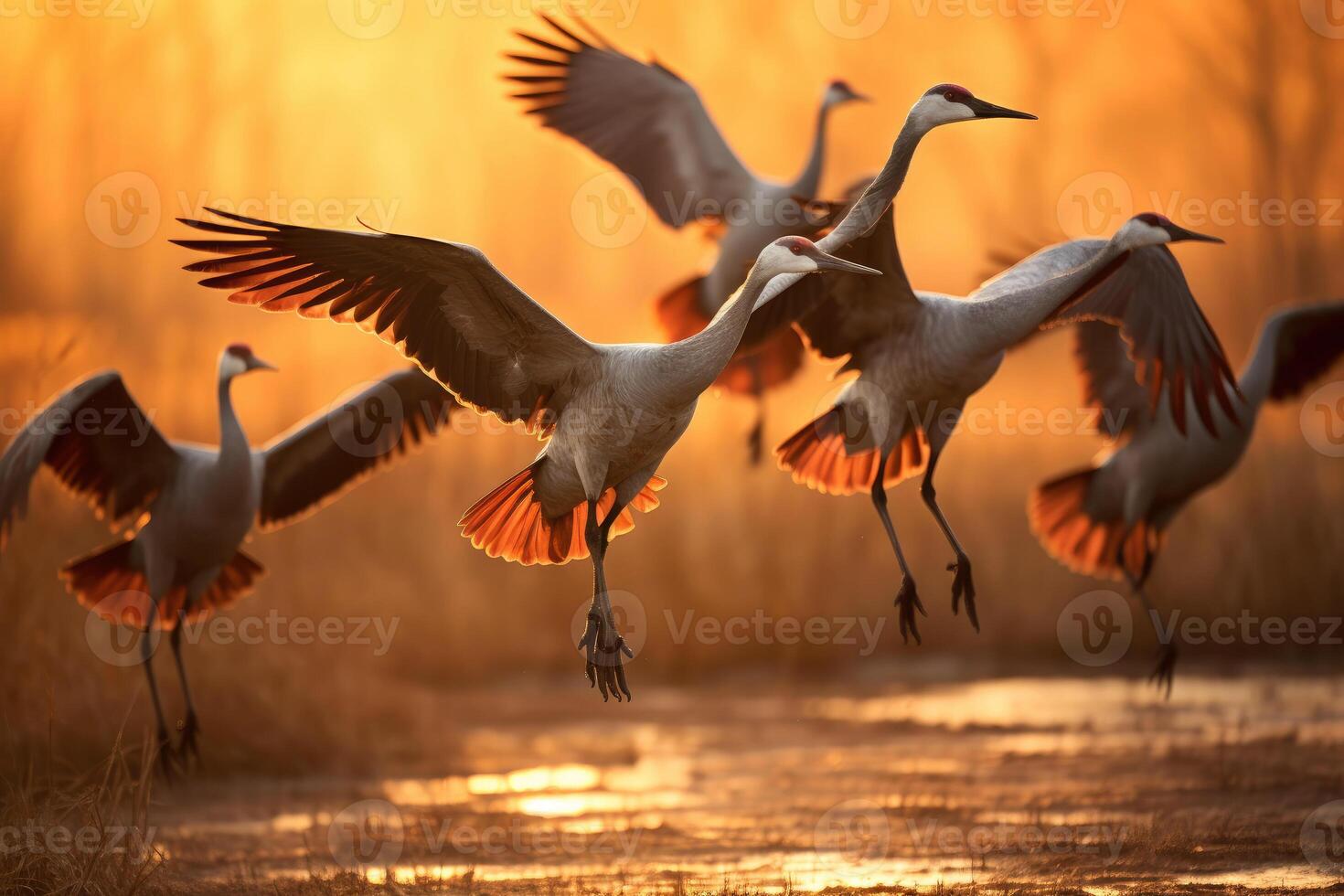 ai genererad en flock av sandbacke kranar under deras falla migration. ai generativ foto