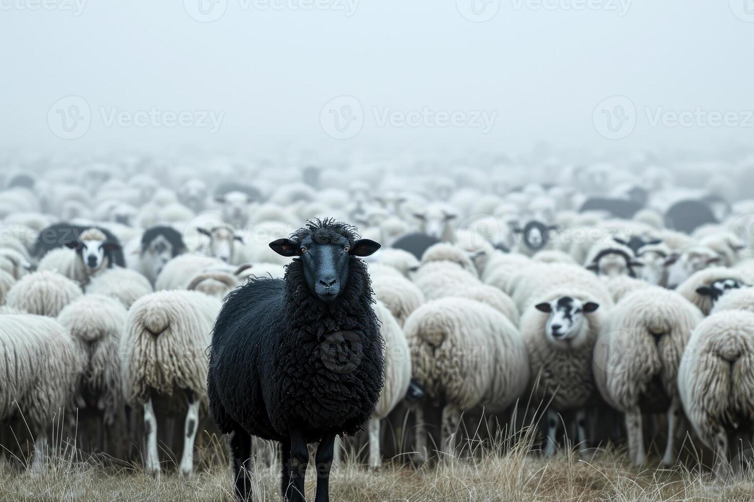 ai genererad en flock av vit får med svart i de mitten. generativ ai foto