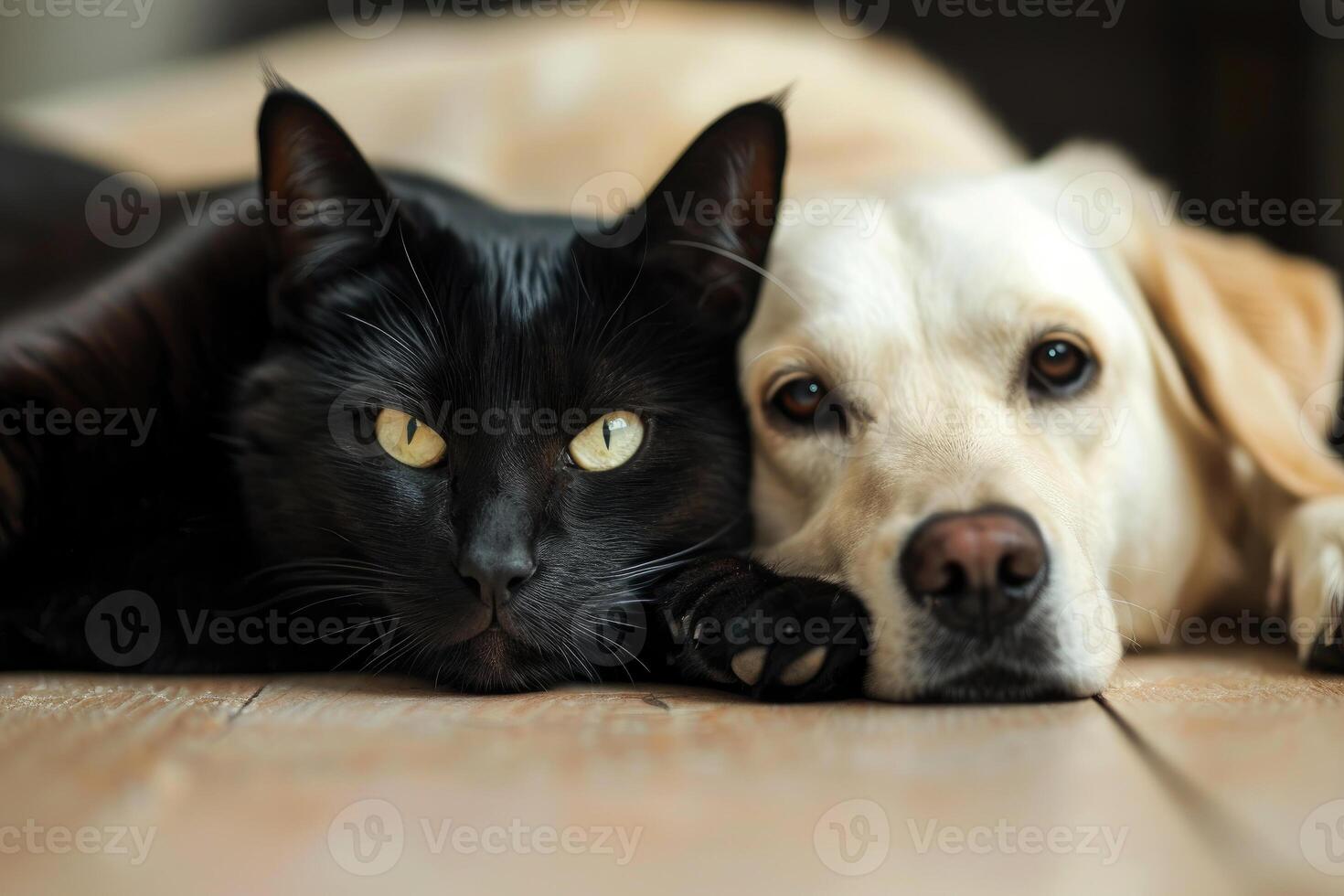 ai genererad vit hund och svart katt ser på de kamera liggande tillsammans på de floor.ai generativ foto