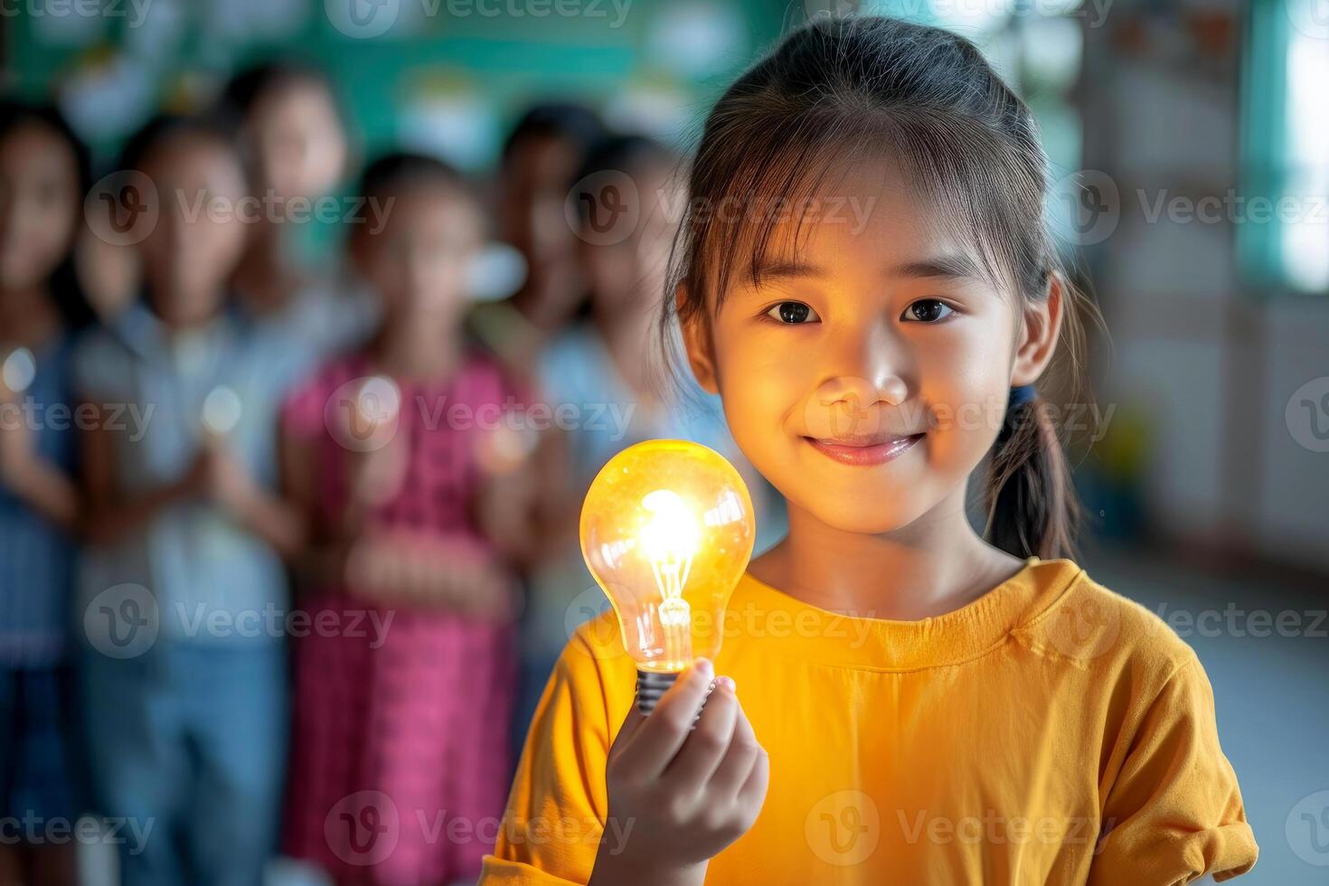 ai genererad barn innehav en ljus Glödlampa . begrepp av idéer och kreativitet. generativ ai foto