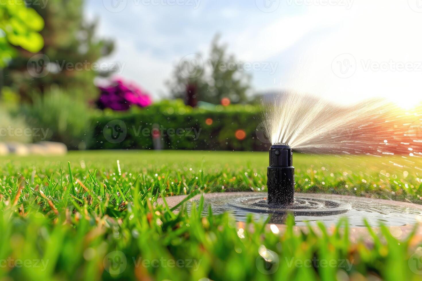 ai genererad vattning de gräsmatta gräs i de parkera vatten stänk mot de bakgrund av de Sol generativ ai foto