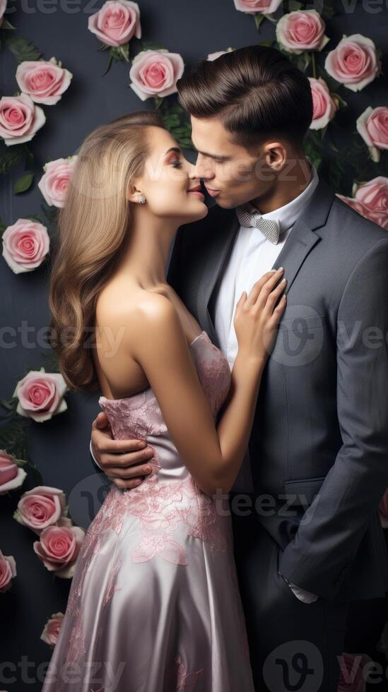 ai genererad skön Lycklig härlig par är kissing på reste sig grå bakgrund, valentine begrepp foto