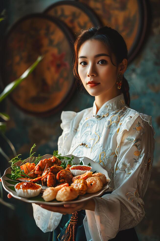 ai genererad kulinariska elegans kvinna innehar en tallrik av kinesisk ny år glädjer foto