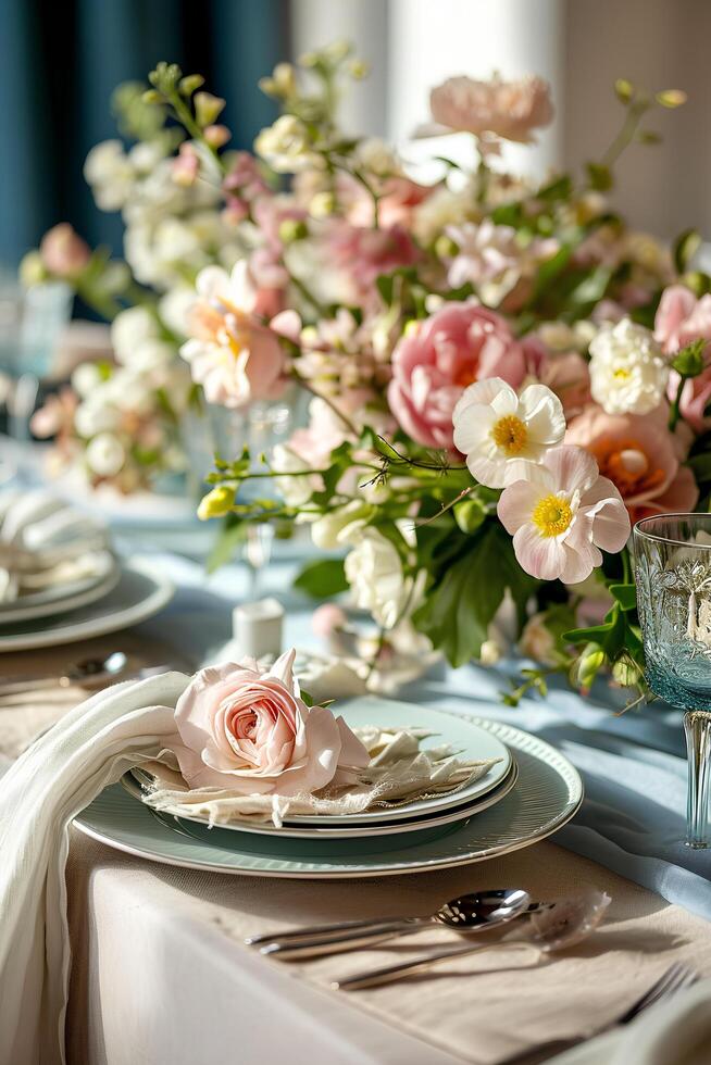 ai genererad aster elegans en pastell blommig affär på de tabell foto