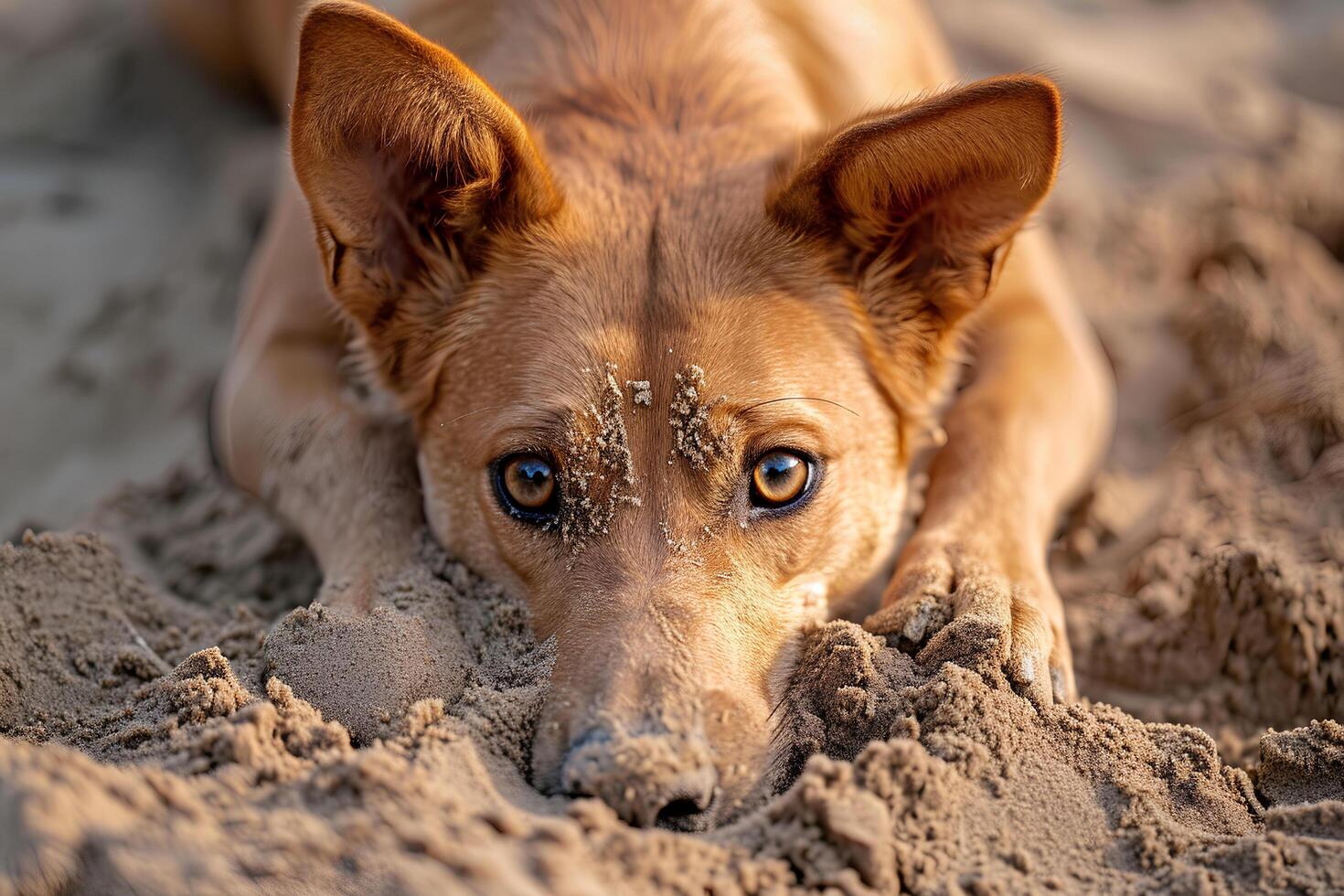 ai genererad Sol, sand, och svansar lycksalig husdjur på de strand foto