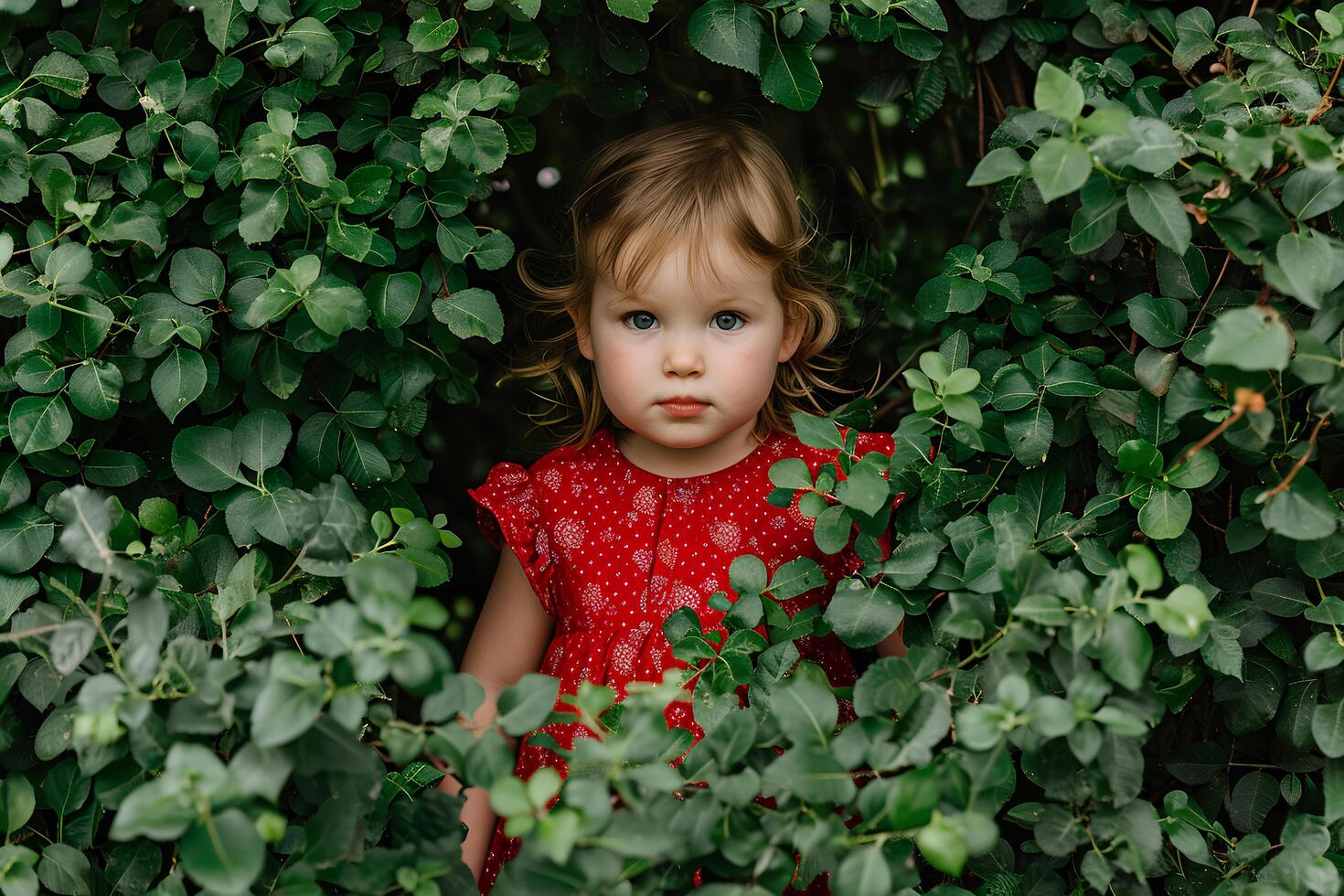 ai genererad springtime chic förtjusande litet barn i ett elegant röd blommig klänning foto