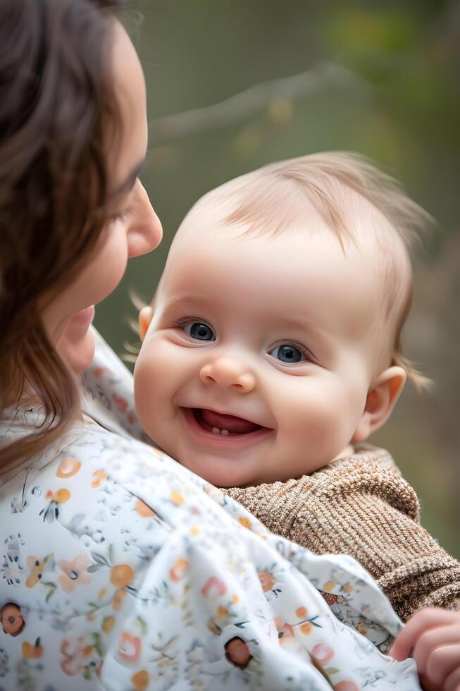 ai genererad stunder av moderskap salighet närbild av en bebis strålnings leende foto