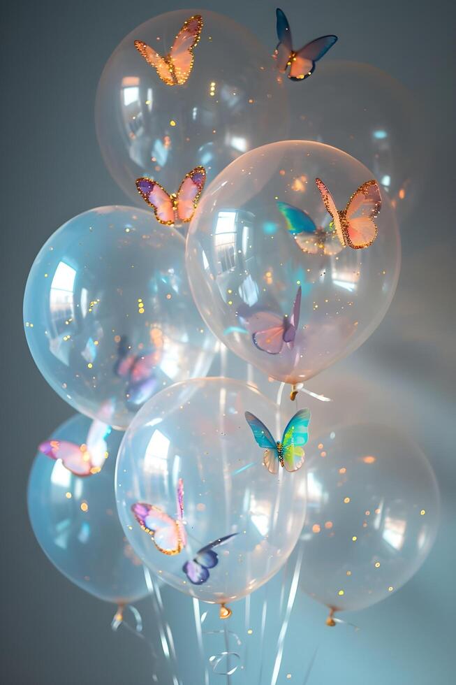 ai genererad fjäril balett transparent ballonger med graciös suspenderad fjärilar foto