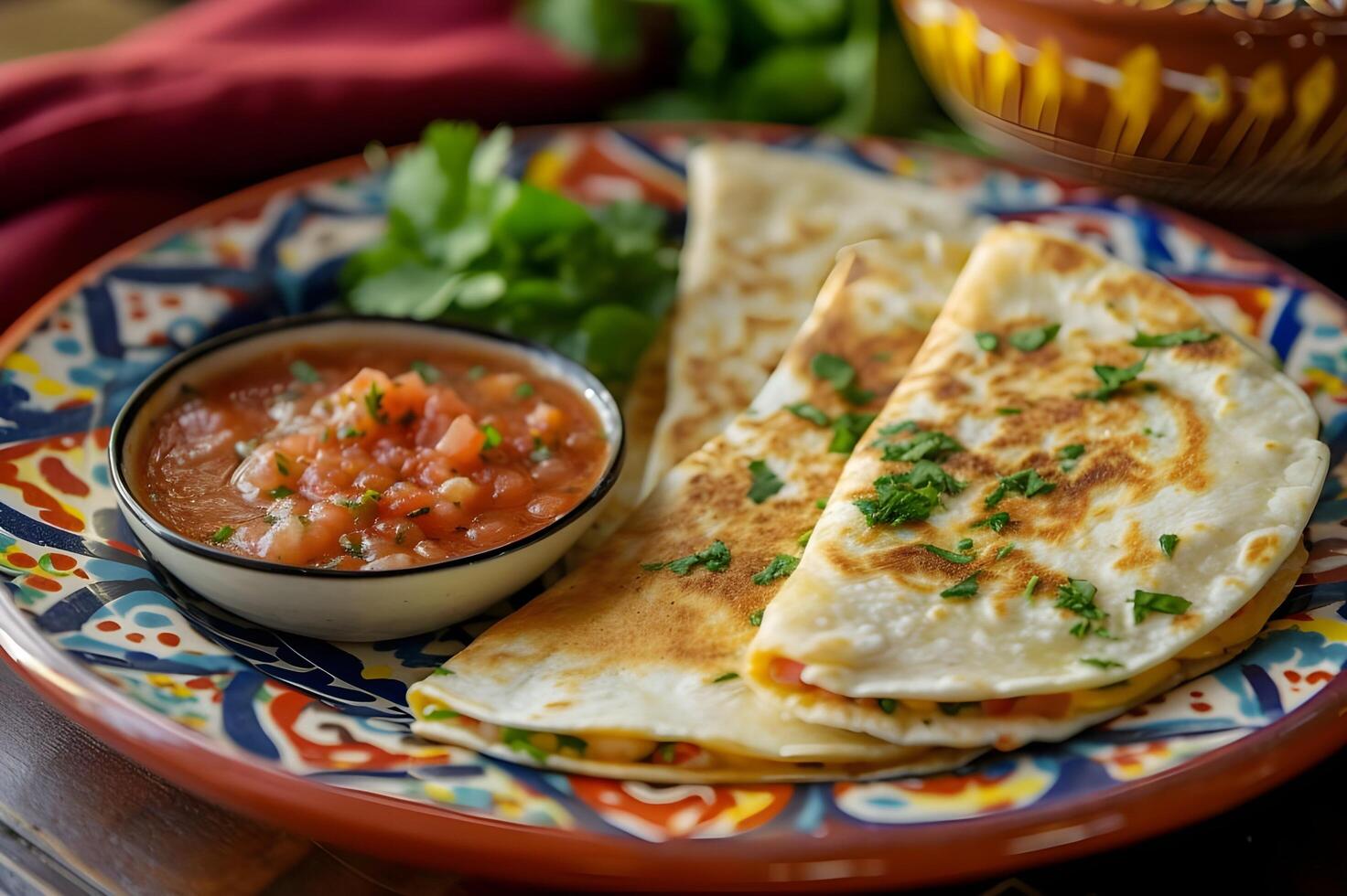 ai genererad smaklös glädje quesadillas med salsa på en folk keramisk duk foto