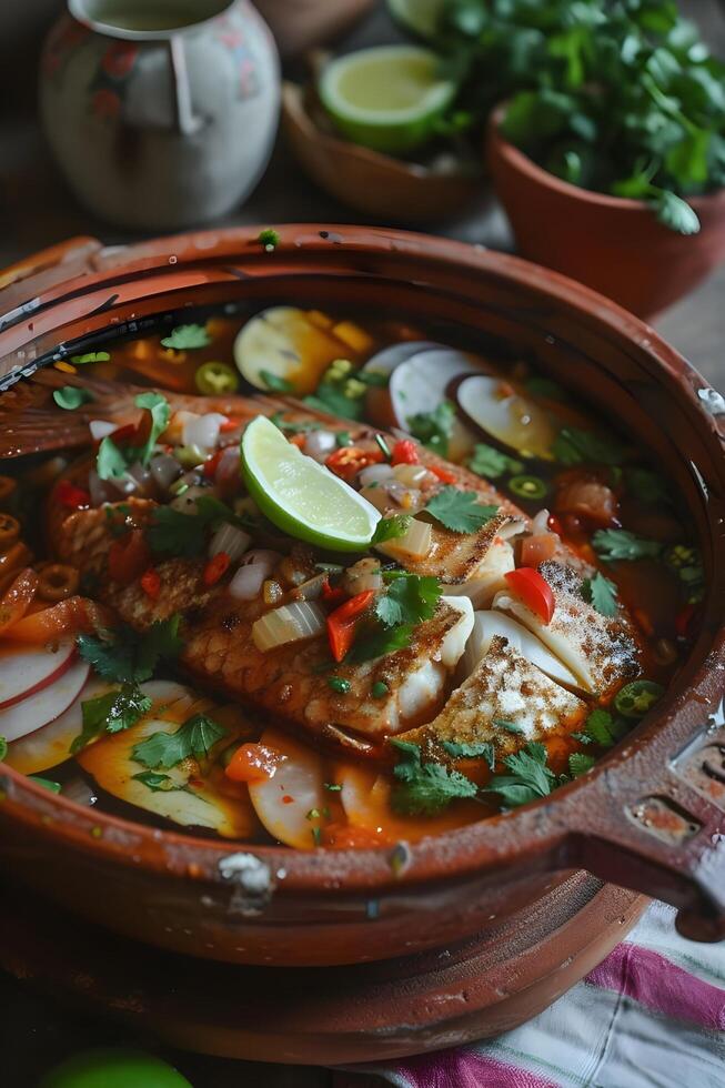 ai genererad veracruz glädje pescado en la veracruzana i folk keramisk cazuela foto