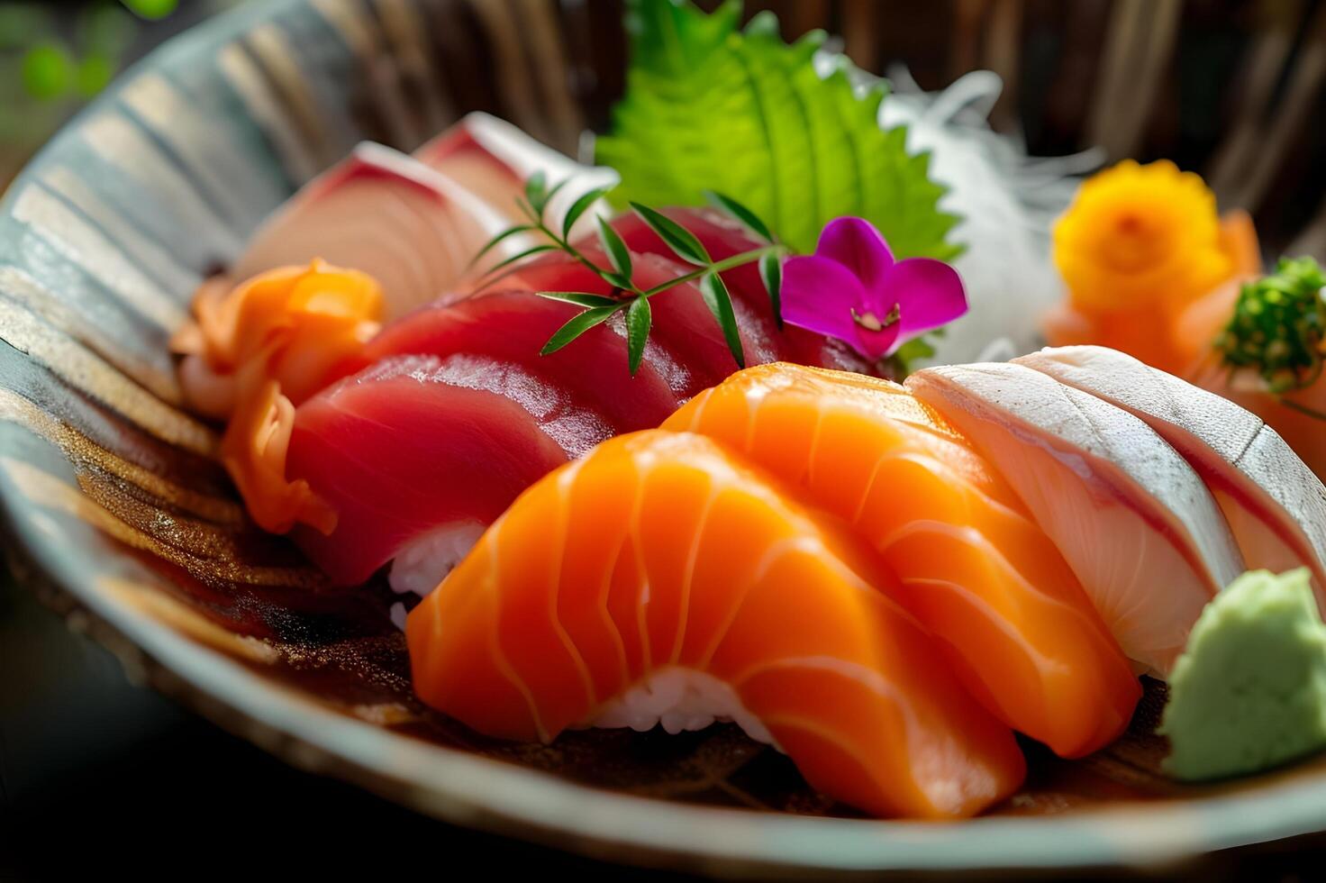ai genererad japansk kulinariska artisteri folk bakgrund med sashimi strålkastare foto