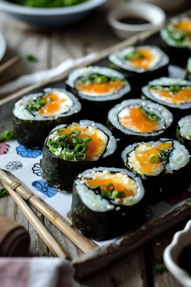 ai genererad nikkei fusion konst njuter sushi rullar med aji amarillo aioli foto
