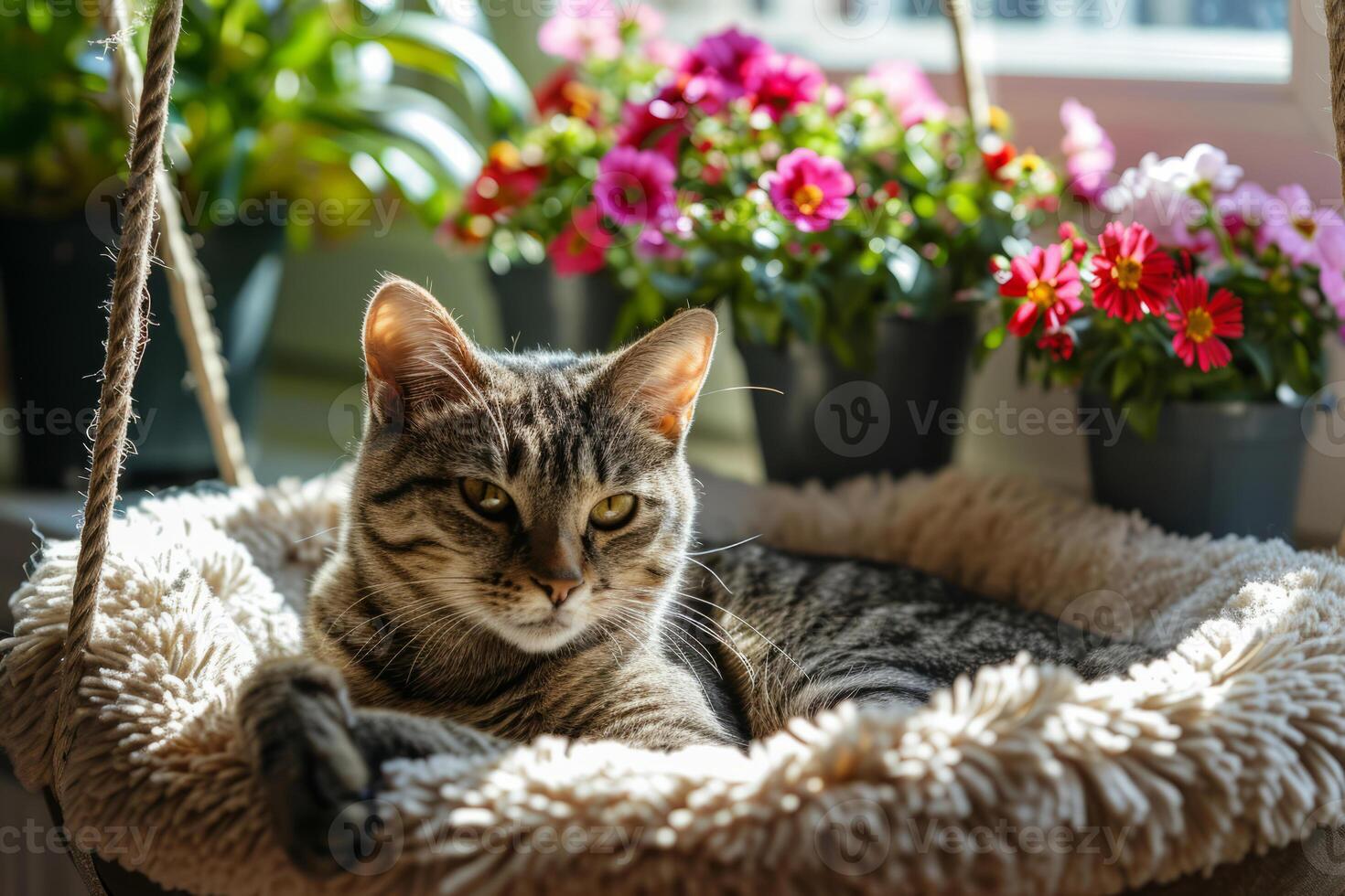 ai genererad katt i sällskapsdjur säng nära en solig fönster med hängande korgar av vår blommor. generativ ai foto