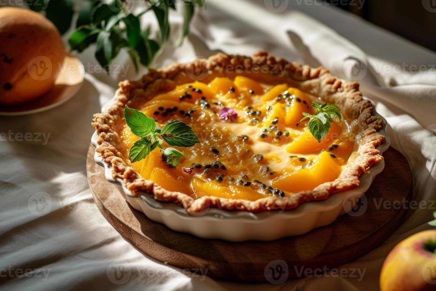 ai genererad färsk bakad mango och passionen frukt kaka. hemlagad ljuv mat begrepp. generativ ai foto