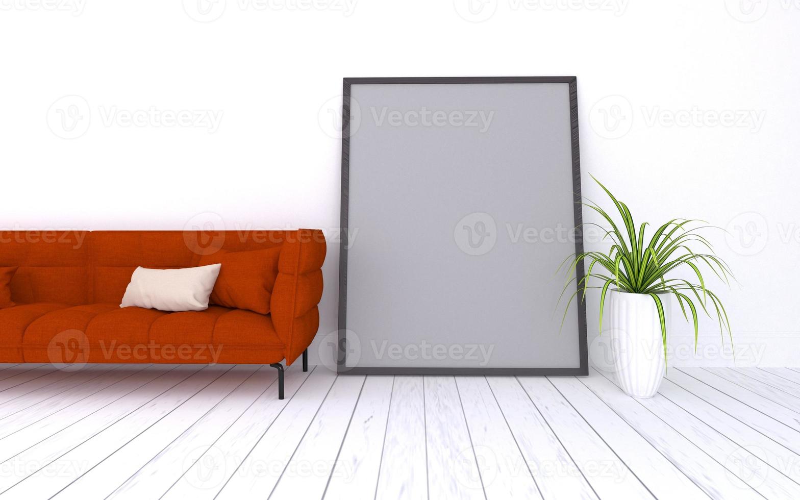 realistisk mockup av 3d gjorda av interiören i modernt vardagsrum med soffa - soffa och bord foto