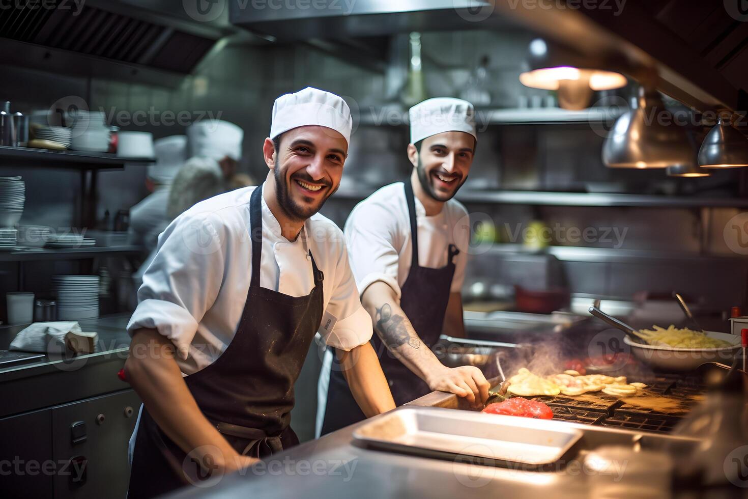 ai genererad två manlig kockar framställning mat i en kök av en restaurang foto