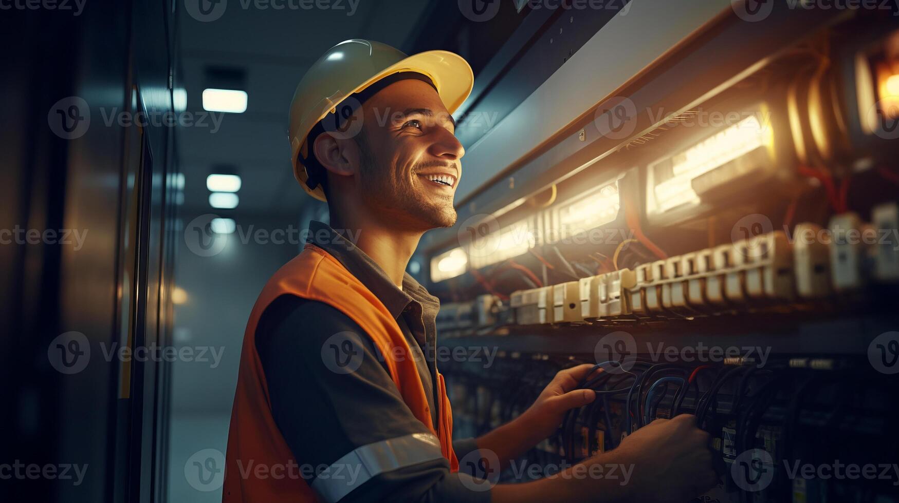 ai genererad leende elektriker, stilig och skicklig, felsökningar breaker panel foto