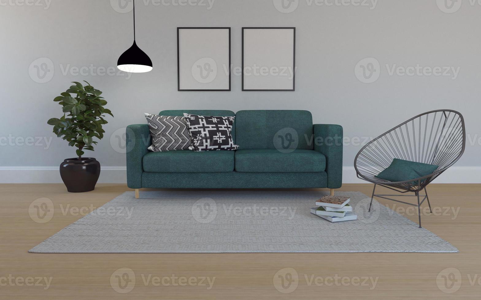 3D återges av interiör modernt vardagsrum med soffa - soffa och bord realistisk mockup foto