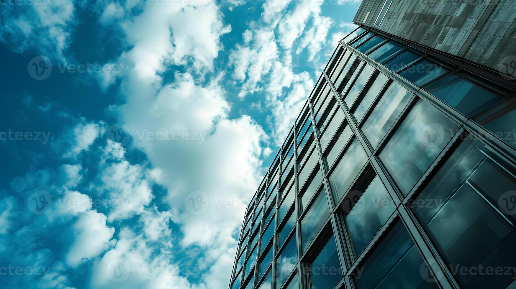 ai genererad låg vinkel Foto av glasat företag Centrum med himmel se i de mitten av dag. företag Foto begrepp