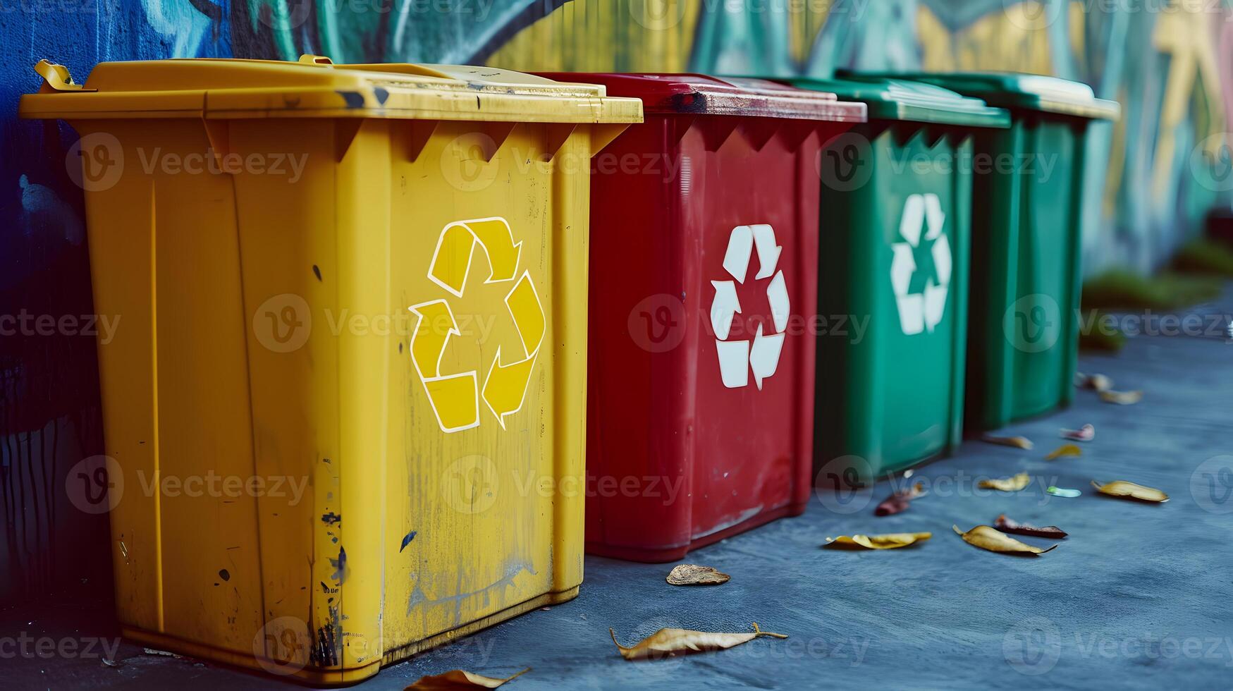 ai genererad gul, grön och röd skräp burkar med återvinning symbol. de begrepp av natur bevarande och separat avfall samling foto