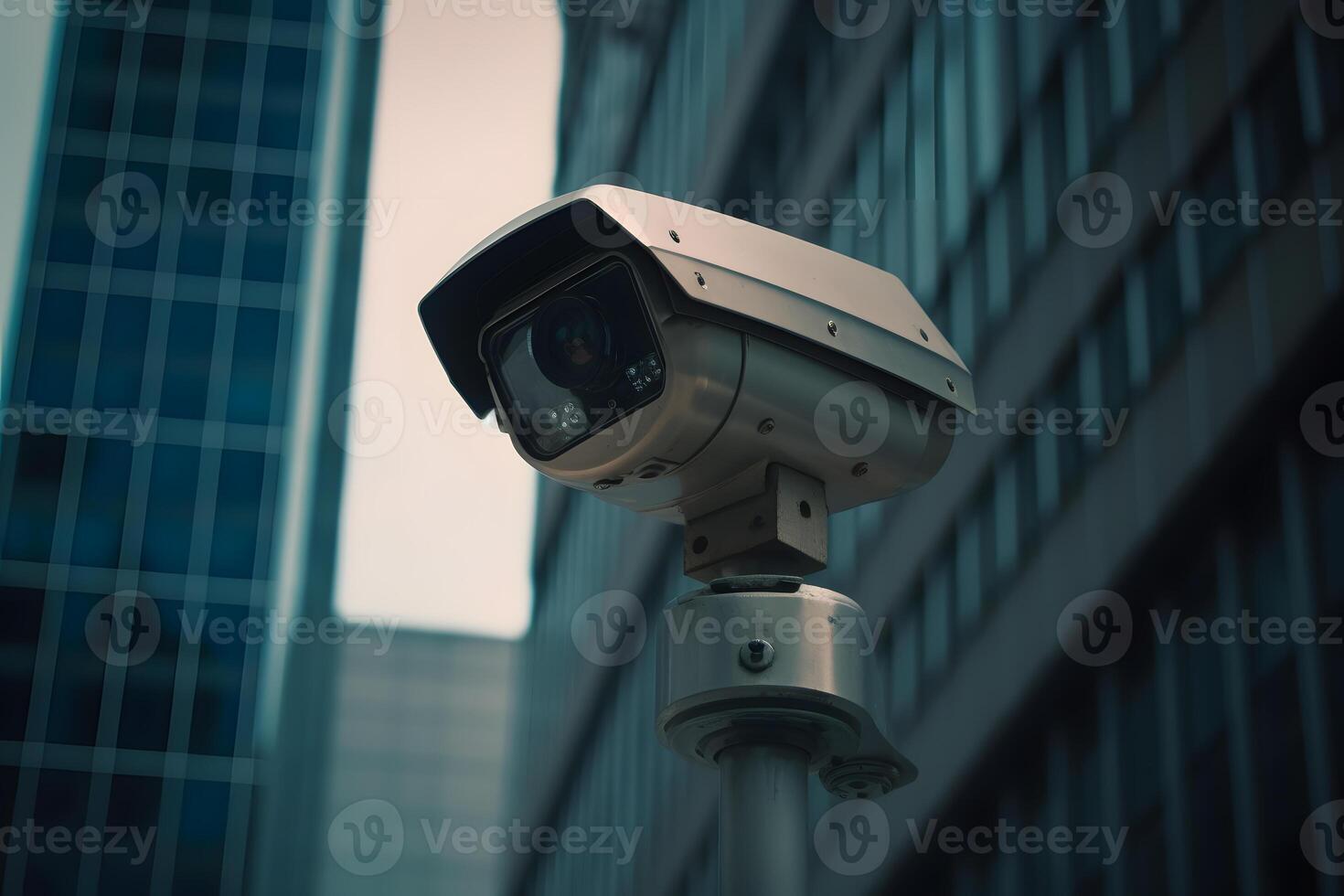 ai genererad närbild av en cCTV kamera. ständigt spårning människor eller social säkerhet begrepp foto