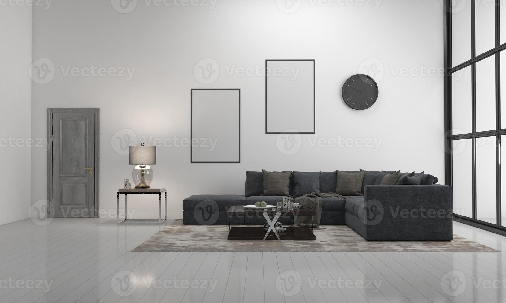 3D gjorda interiör modernt vardagsrum ram med soffa - soffa och bord foto