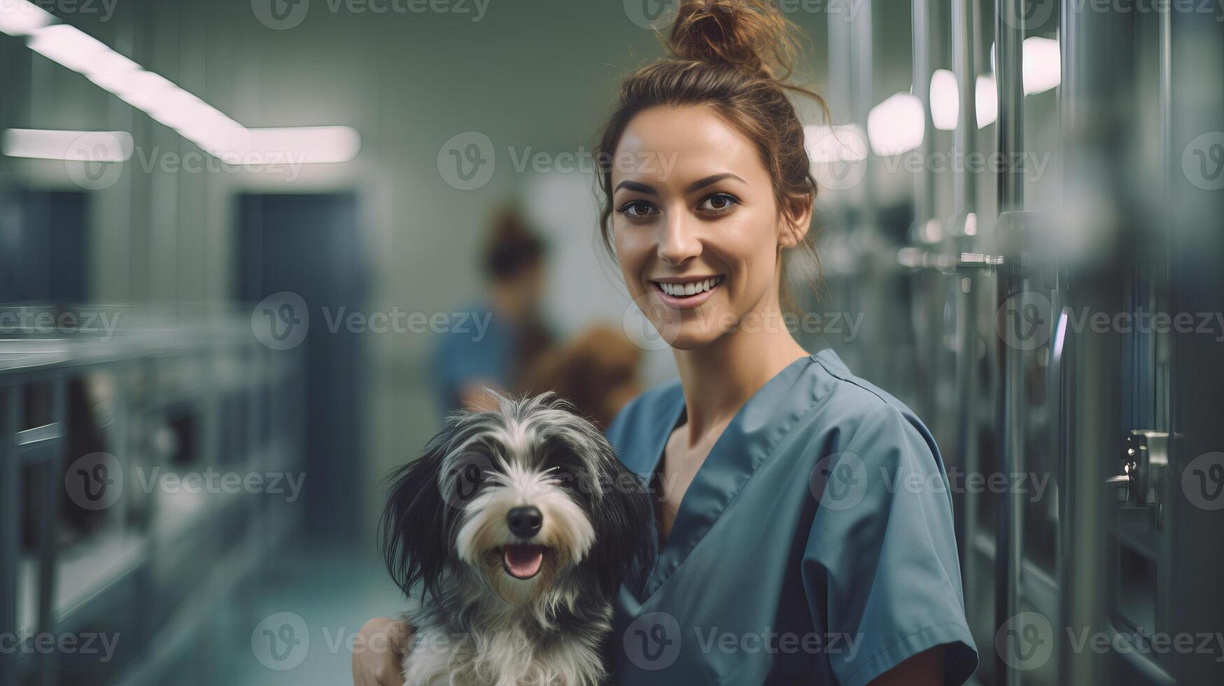 ai genererad ung veterinär flicka aktier glad ögonblick med lekfull hund i klinik symboliserar betydelse av sällskapsdjur kontroller foto